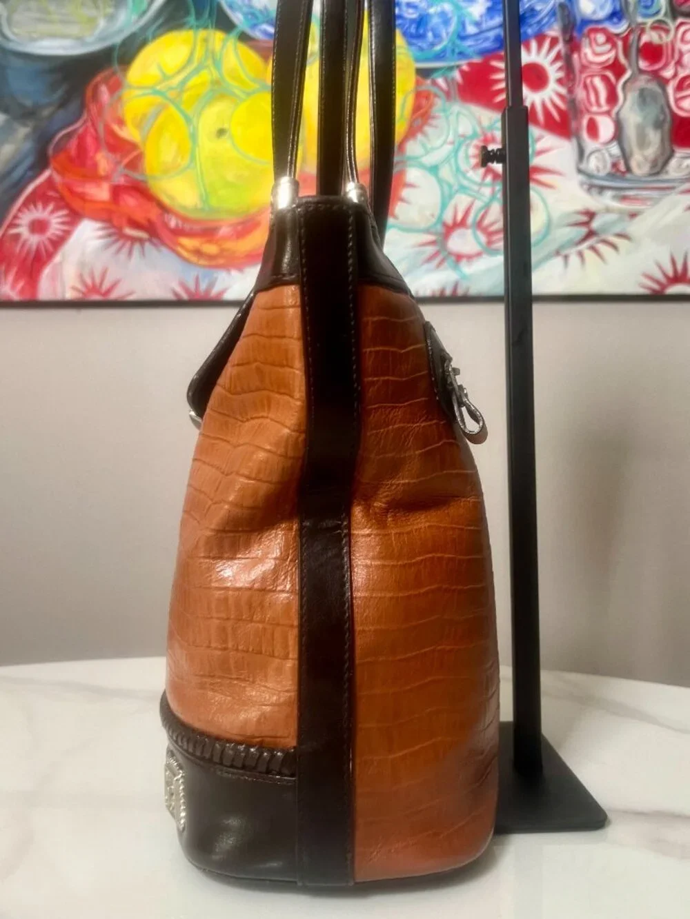 Brown Croc-Embossed Shoulder Tote with Silver Heart Hardware